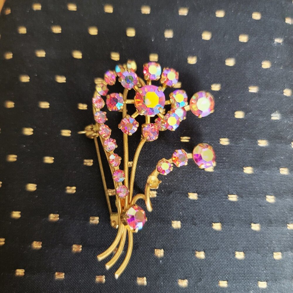 Vintage Aurora Borealis Gold Tone Brooch-1970s